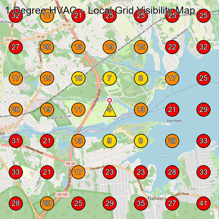 1 Degree HVAC GeoGrid visibility map for Air Conditioning Repair Service in Quogue